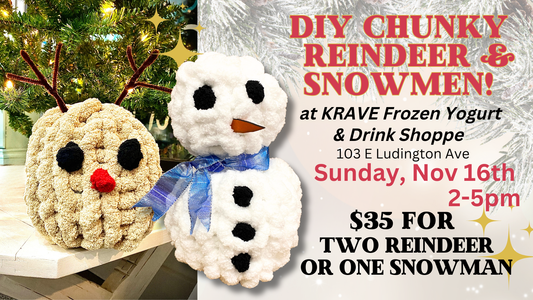 November 16th at KRAVE - Chunky Knitted Reindeer or Snowman Workshop!